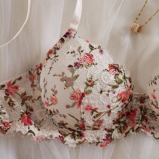 Wholesale Floral Embroidered Underwear Set Sexy See-Through Mesh 2PCS Lingerie