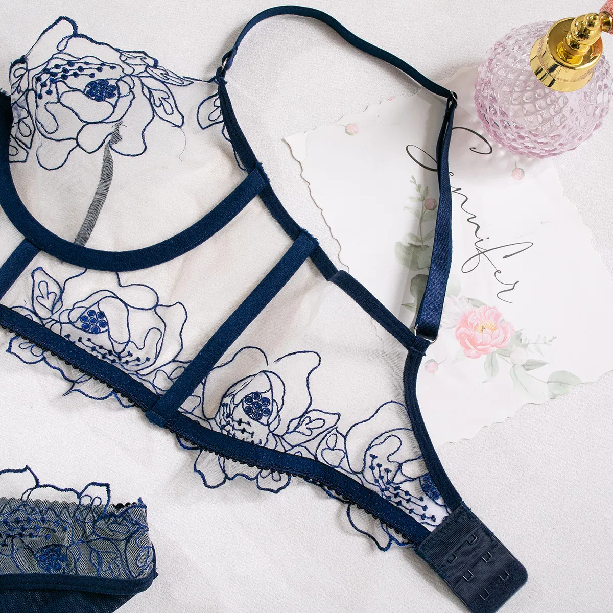 Sexy Fish Bone Embroidered Underwear Set for Woman Wholesale See-Through Mesh Lingerie