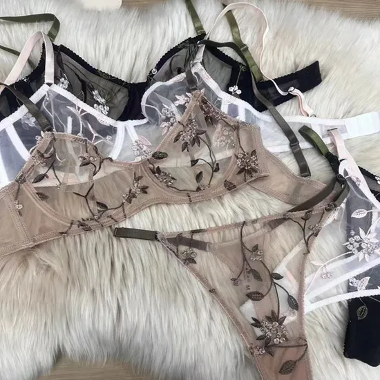 Sexy Mesh Embroidered Flower Lace Perspective Underwear Set Adult Women's Lingerie
