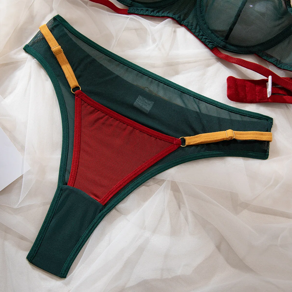 Sexy Contrast Color See-Through Mesh Two Piece Underwear Set Wholesale Steel Ring Lingerie