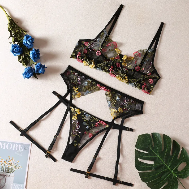 High Quality Transparent Underwear Set Sexy Floral Embroidered Lingerie