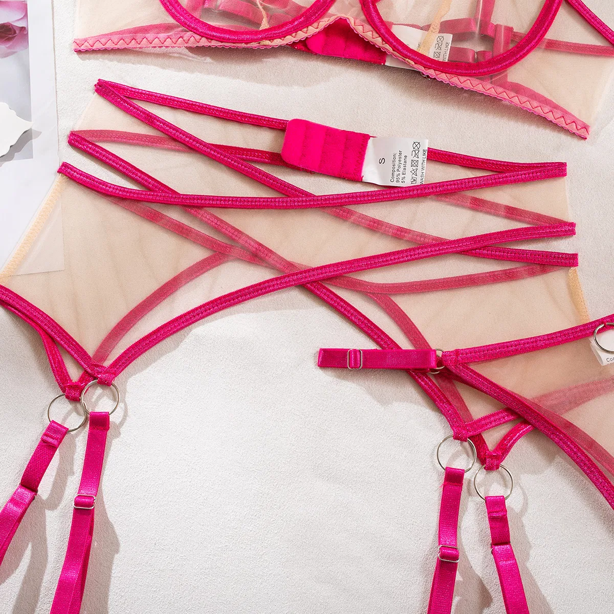 Sexy Transparent Mesh Bra Set with Steel Ring Wholesale Contrast Color 4PCS Woman Lingerie