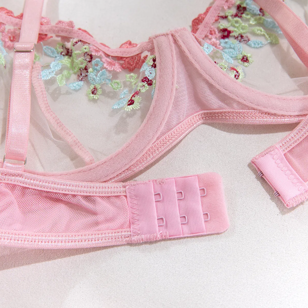 Sexy See-Through Mesh Pink Floral Embroidery Bra Set Hot Selling Women Lingerie