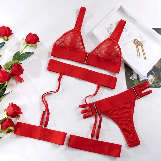 Wholesale Ladies Erotic Garter G-String Underwear Hollow Lace Women's Sexy Bra Adult Hot Sheer Lingerie