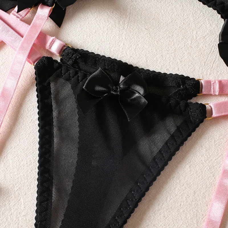 Sexy Bowknot Transparent Mesh Color Contrast Bra Set Hot Selling Garter Belt Woman Lingerie