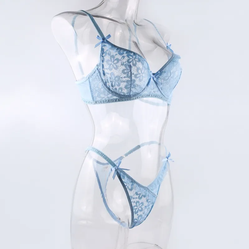 Sexy See-Through Ruffles and Bows Bra Set Hot Selling Delicate Solid Color Woman Lingerie