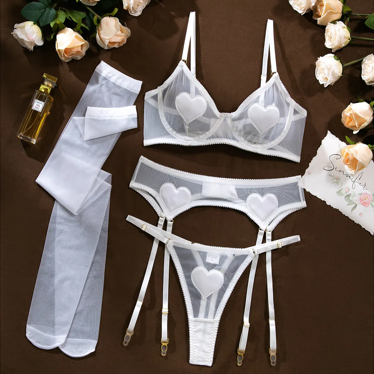 Sexy Embroidery Heart Underwear Set Wholesale Transparent Woman Lingerie with Long Stocking
