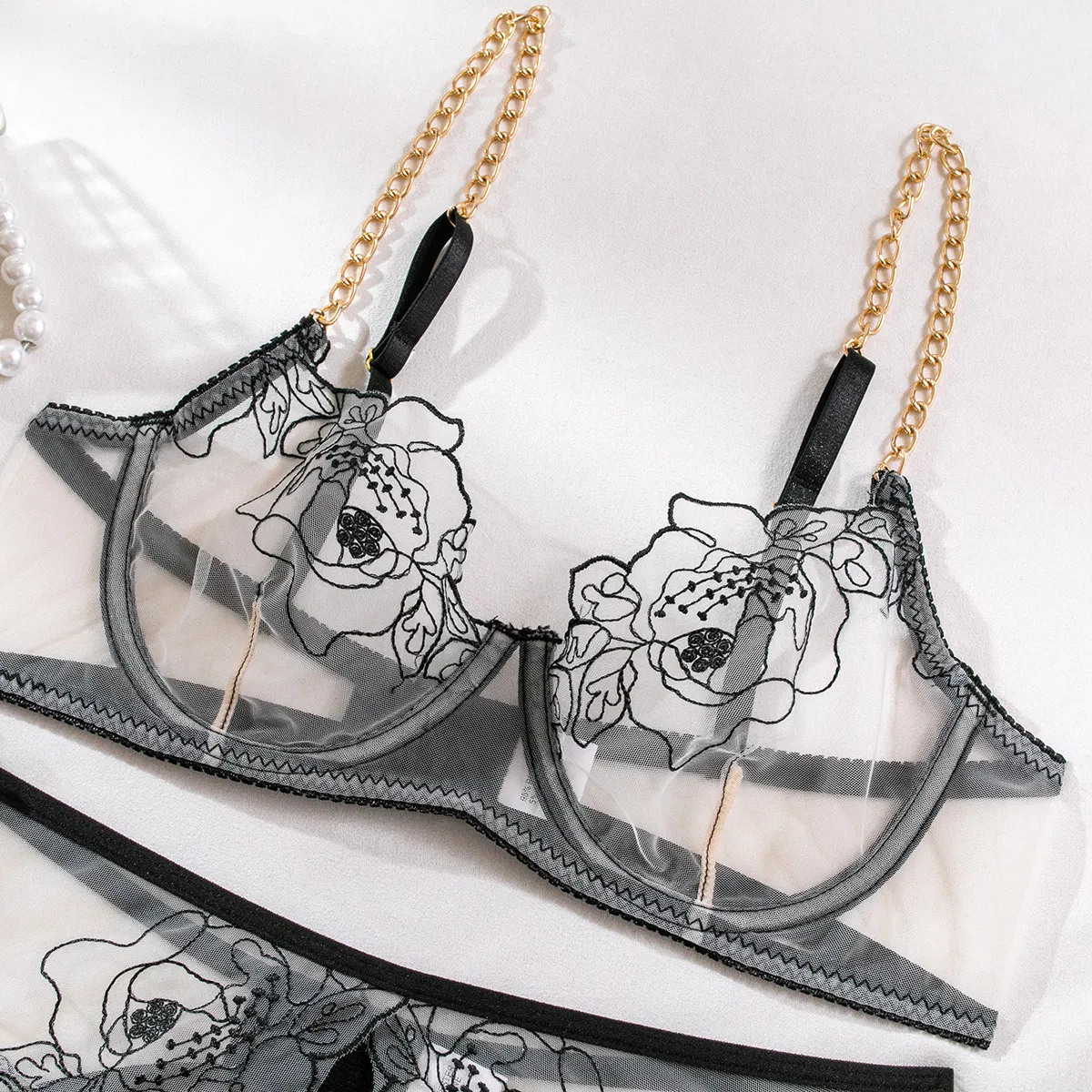 Sexy Embroidery Flower Bra Panty Set Wholesale Metal Chain See-Through Women's Lingerie