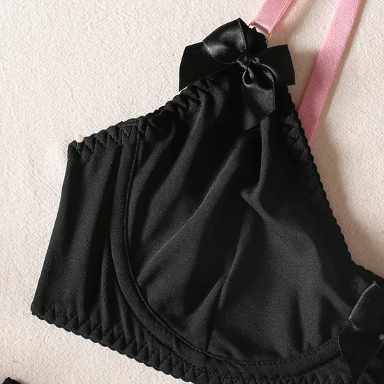 Sexy Bowknot Transparent Mesh Color Contrast Bra Set Hot Selling Garter Belt Woman Lingerie