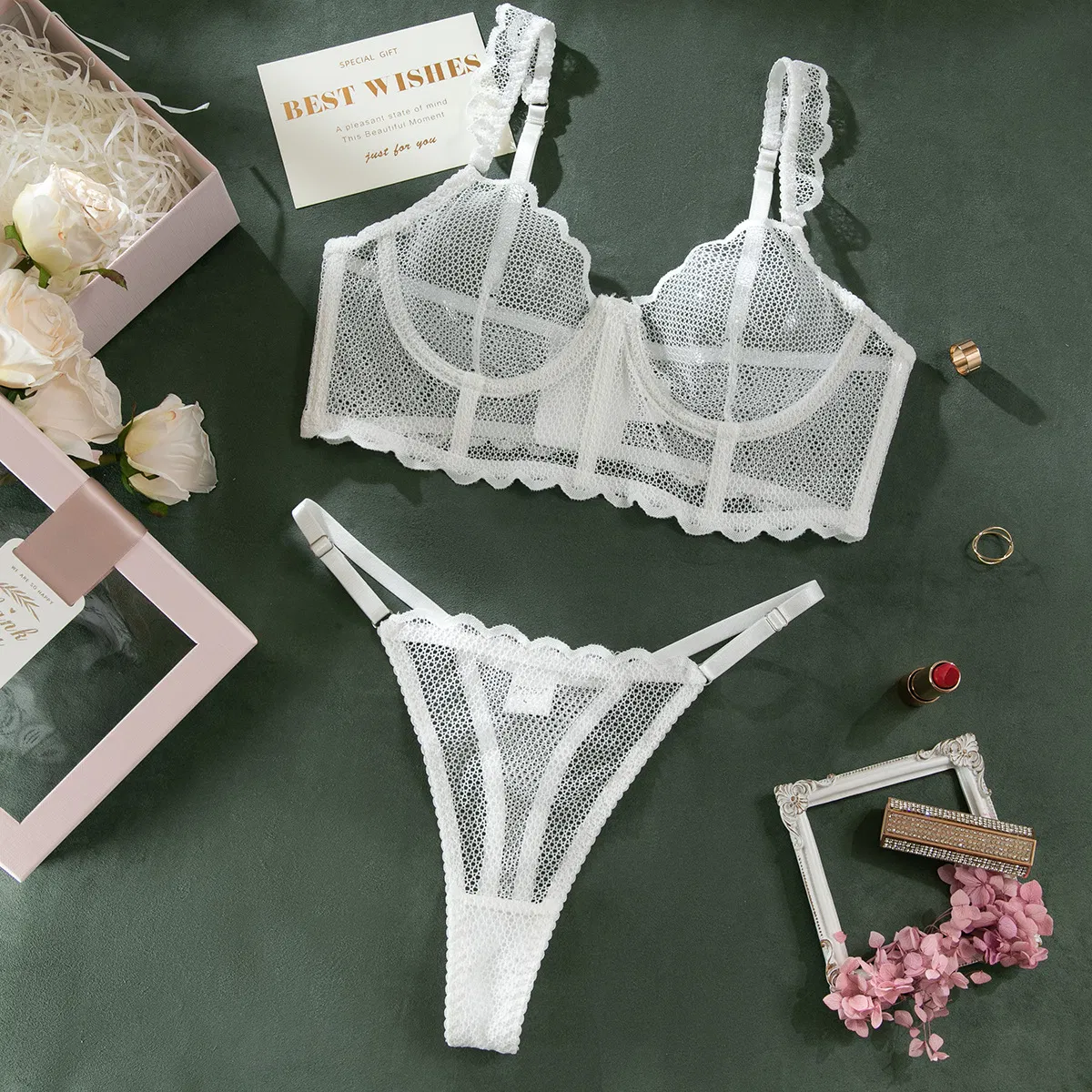 Wholesale Fishbone See-Through Fishnet Mesh Bra Set Sexy Solid Color Two Piece Lingerie