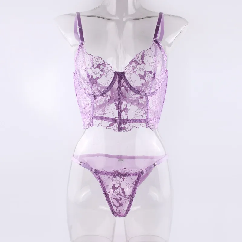 Wholesale Embroidery Lace Fishbone 2 Piece Underwear Set Sexy Erotic Women's Lingerie