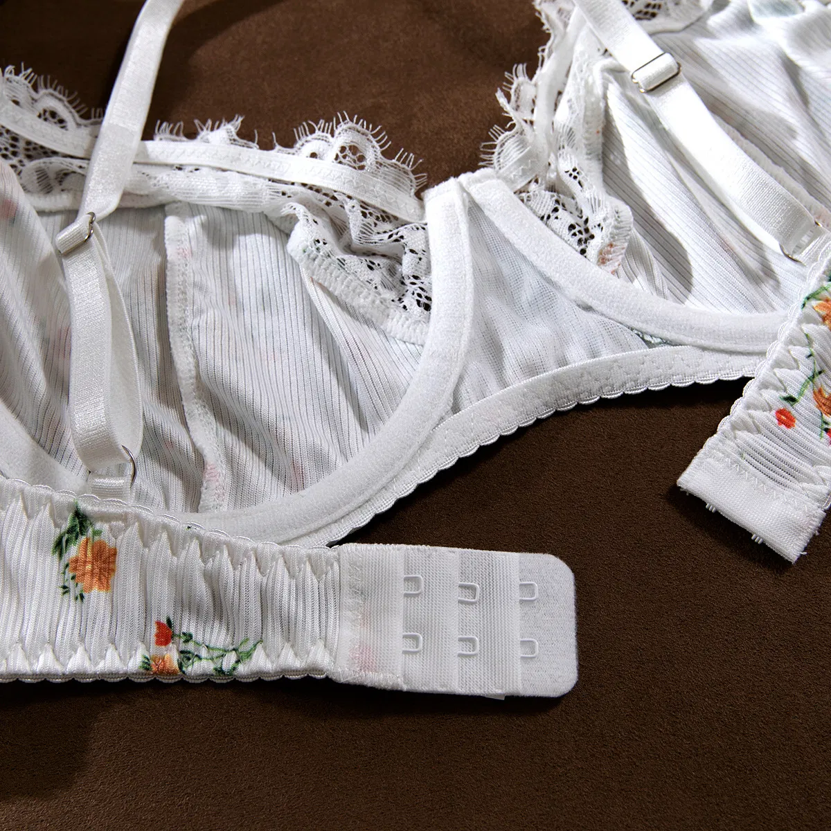 Wholesale Sheer Embroidered Lace Thin Bra Set Sexy Flower Print Woman 2PCS Lingerie