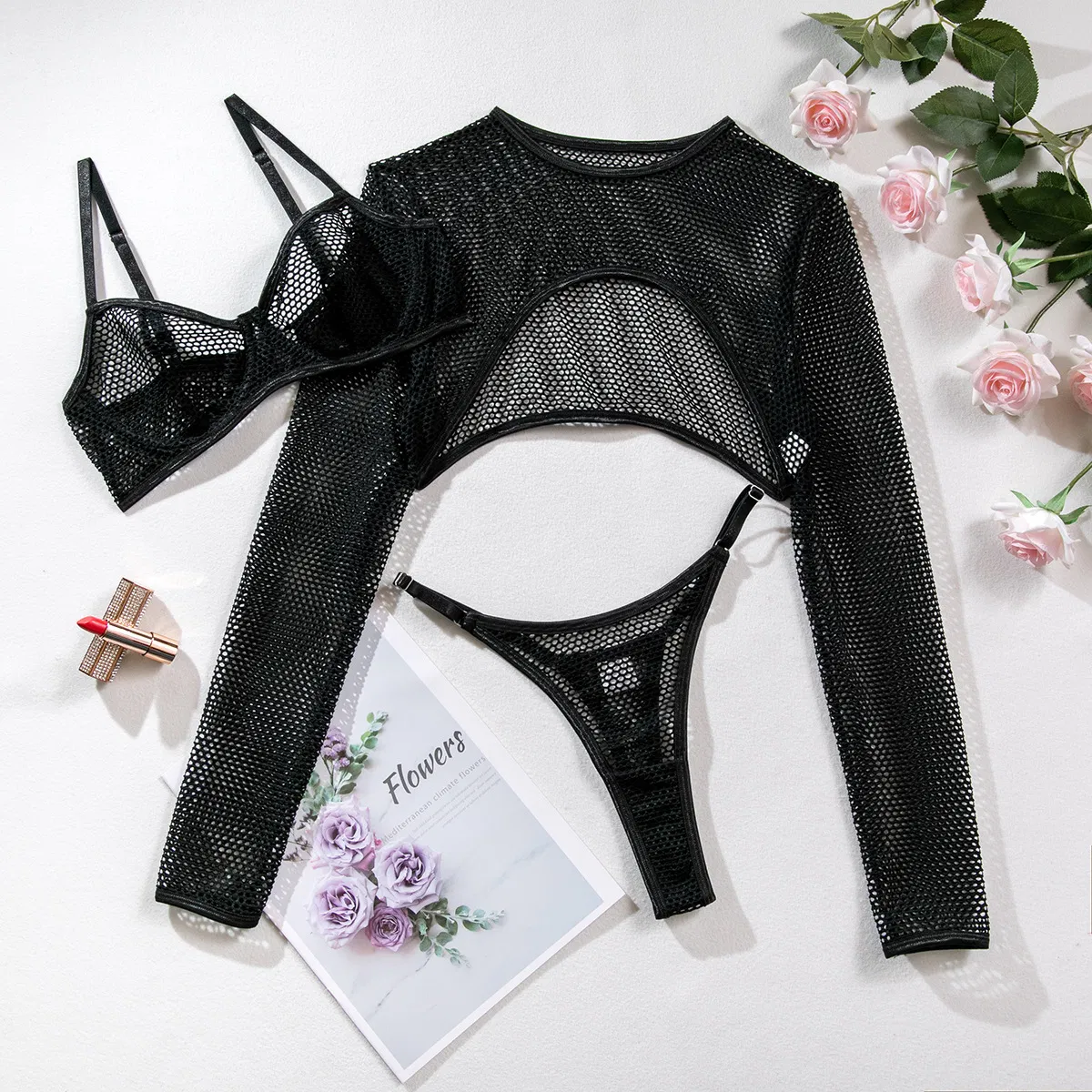 Sexy Long Sleeve Fishnet Mesh Woman Underwear Set Hot See-Through Solid Color Lingerie