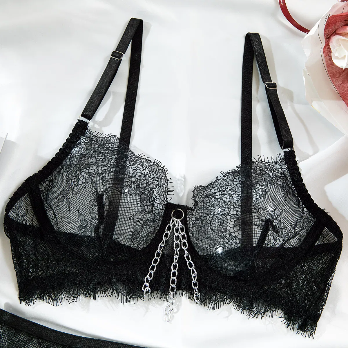 Sexy Embroidery Eyelash Lace Bra and Panties Set Hot See-Through Metal Chain Woman Lingerie