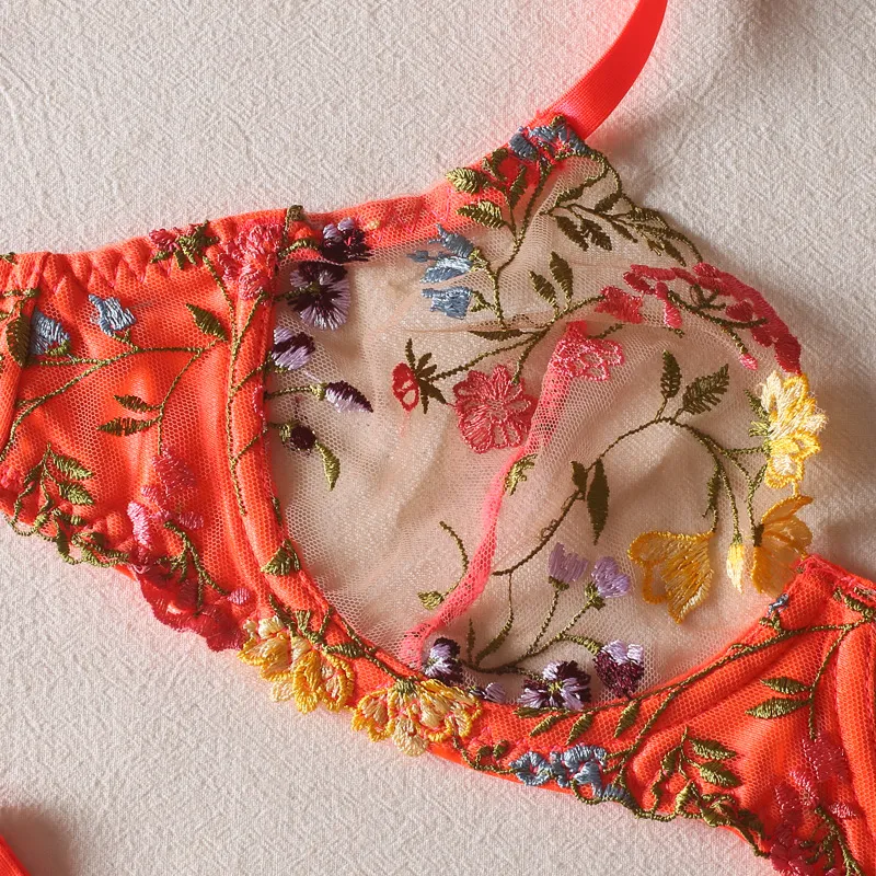 Wholesale Floral Embroidery Transparent Underwear Set Sexy 2 Piece Ladies Lingerie