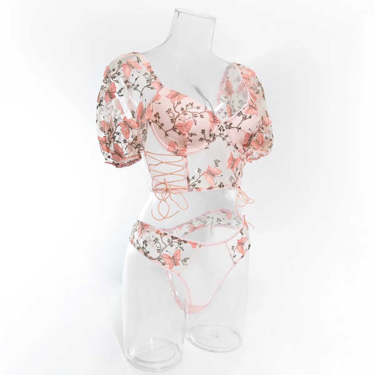 Wholesale Floral Embroidery Bubble Sleeve Underwear Set Sexy See-Through 2-Piece Lingerie