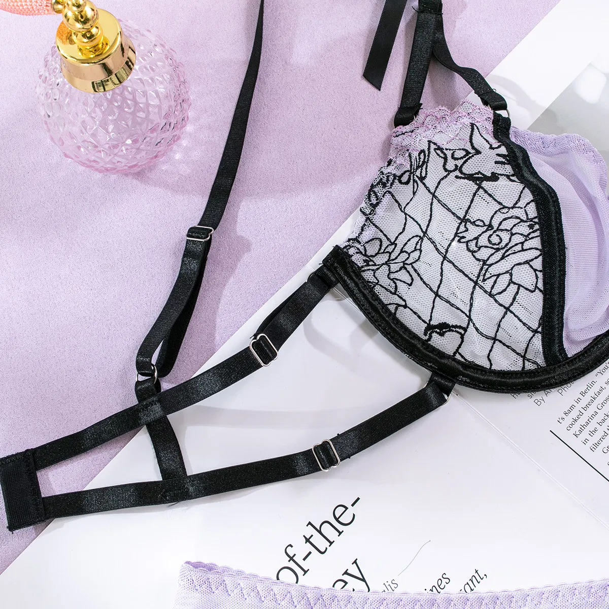 Sexy Erotic Perspective Mesh Woman Bra Set Hot Sale Bow Knot 3PCS Lingerie