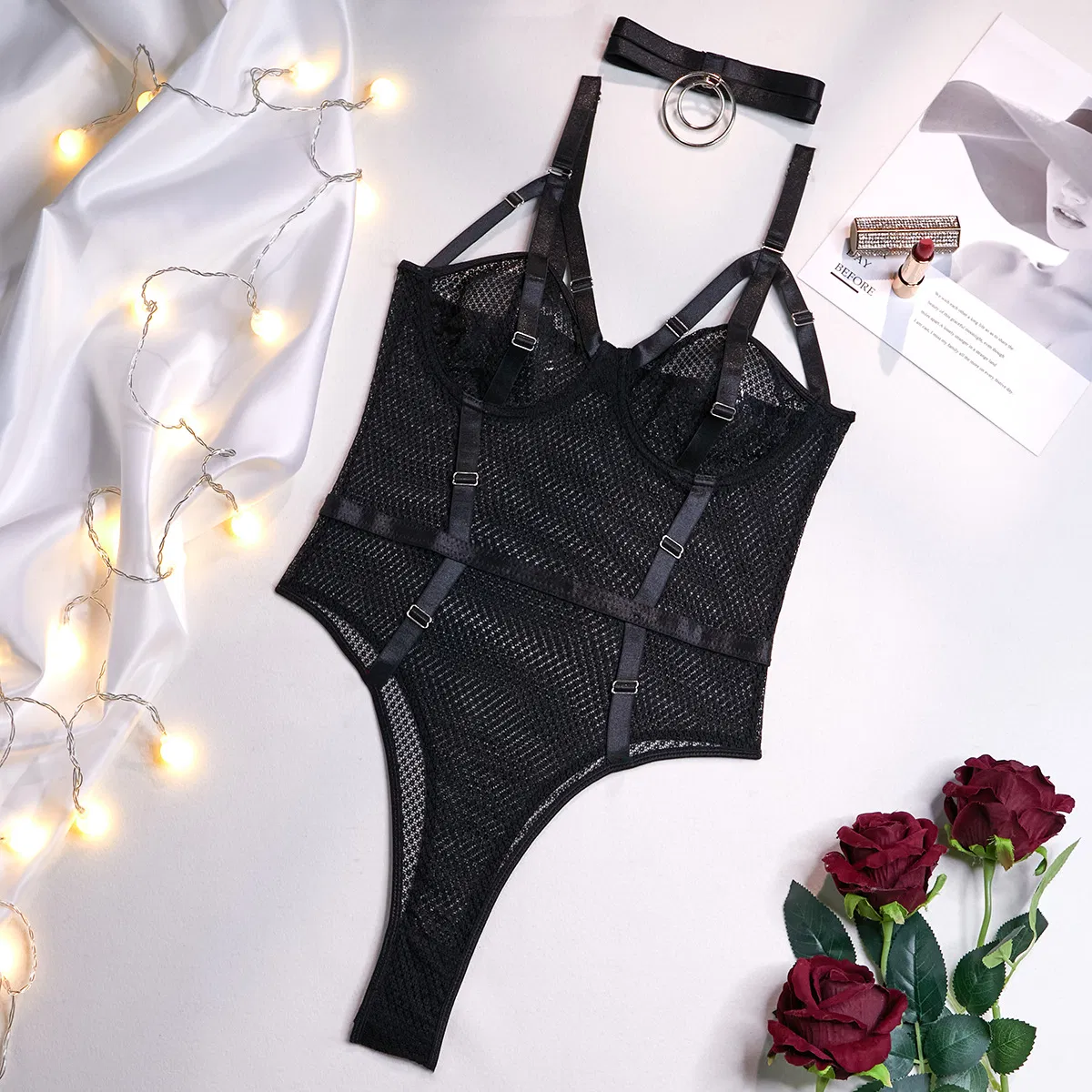 Hot Sale See-Through Fishnet Mesh Woman Bra Set Sexy Necklace Solid Color One-Piece Lingerie