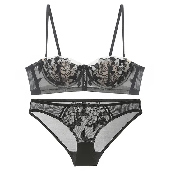 Wholesale Sexy French Ultra-Thin Set Rose Embroidery Lace for Women Bra Underwear Lingerie