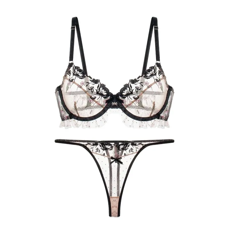 Romantic for Women Ultra-Thin Flower Embroidered Transparent Sexy Lace Bra Set Lingerie