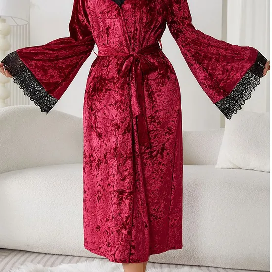 Wholesale Long-Sleeved Sleepwear Nightwear Sexy Microfiber Lace Woman's Robe
