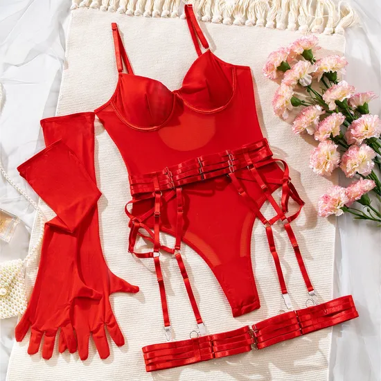 Sexy See-Through Mesh One-Piece Bra Set with Gloves Hot Sale Solid Color Bandage Lingerie