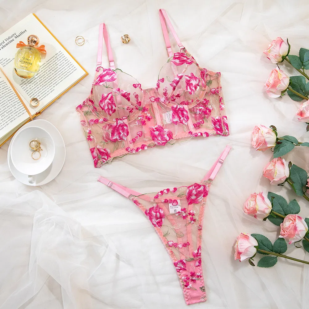 Wholesale Fishbone Transparent Mesh Bra Set Sexy Flower Embroidered Thin Woman Lingerie