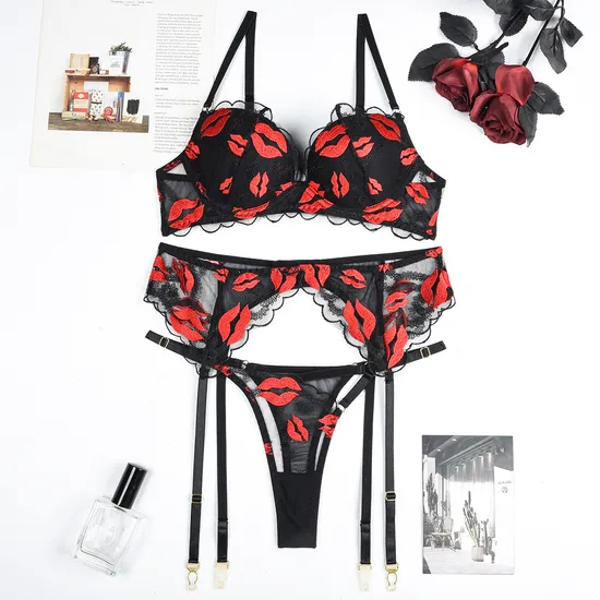 Sexy See-Through Mesh 3 Piece Bra Set Hot Selling Embroidery Woman Lingerie