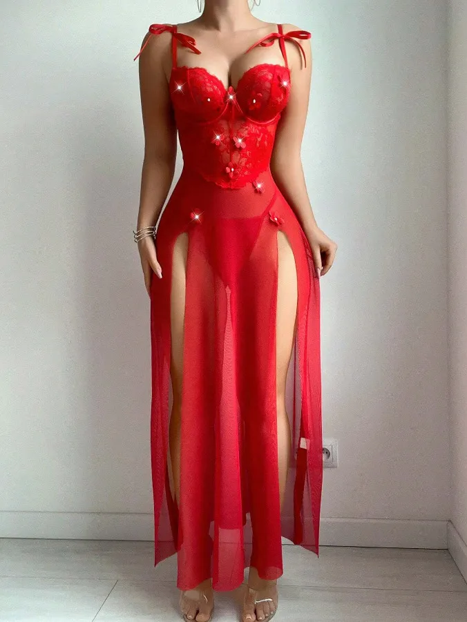 Wholesale Transparent Mesh Underwear Set Sexy Embroidery Flower Pearl Lingerie