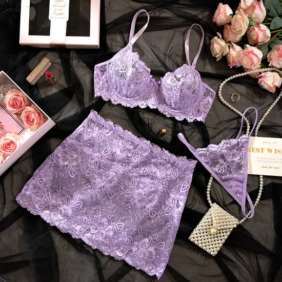 Wholesale Embroidered Lace Underwear Set for Woman Sexy Elegant Short Skirt Lingerie