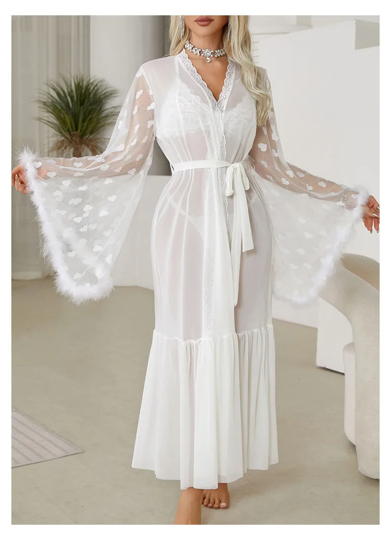 Sexy Long Sleeve Transparent Women Pajamas Sleepwear Wholesale Lace Deep V Bath Robe