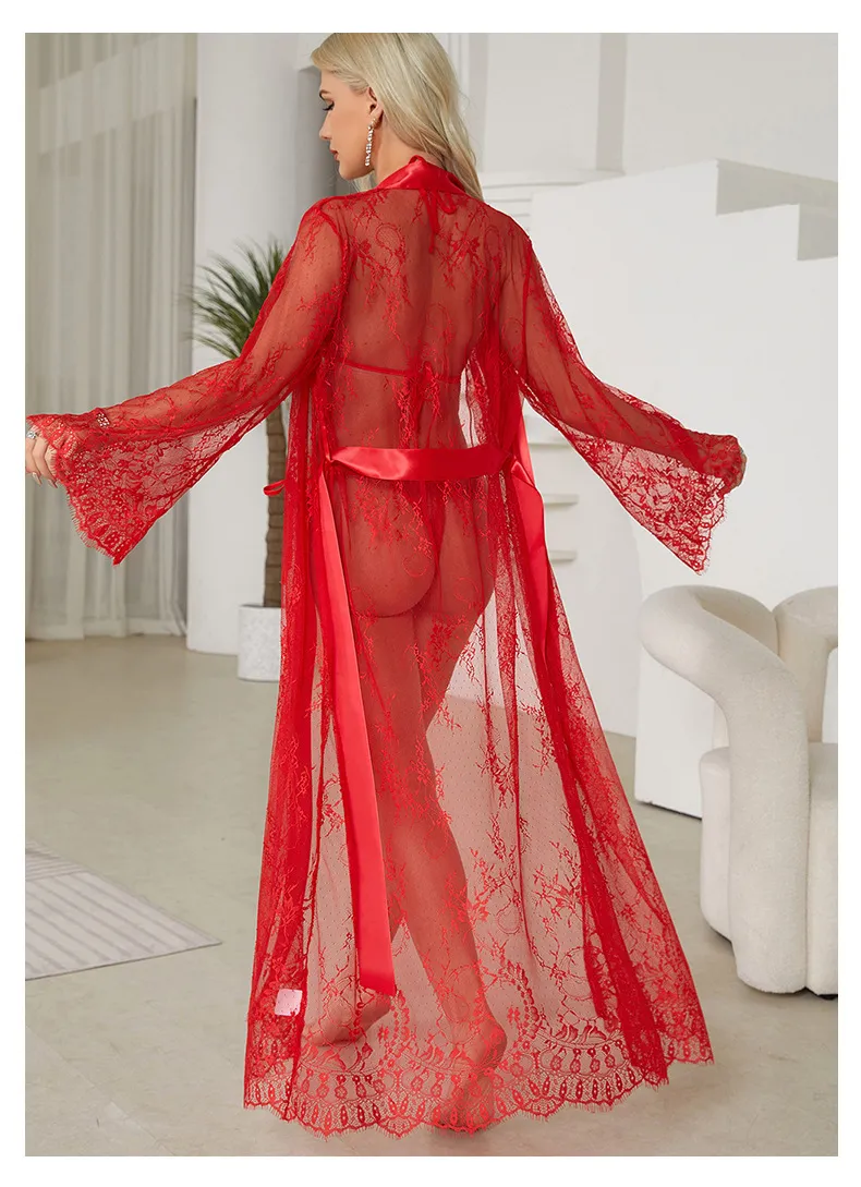 Wholesale Mesh Long Transparent Lace Sleepwear Pajamas Sexy Luxury Women Bath Robe