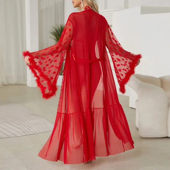 Sexy Long Sleeve Transparent Women Pajamas Sleepwear Wholesale Lace Deep V Bath Robe