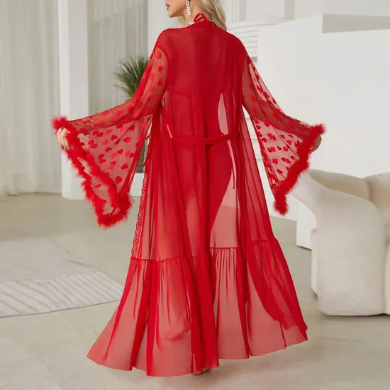 Sexy Long Sleeve Transparent Women Pajamas Sleepwear Wholesale Lace Deep V Bath Robe