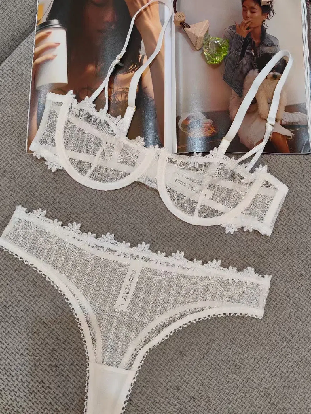 Wholesale French Half-Cup Embroidery Lace Ultra-Thin Romantic for Women Soft Sexy Bra Underwear Set Lingerie