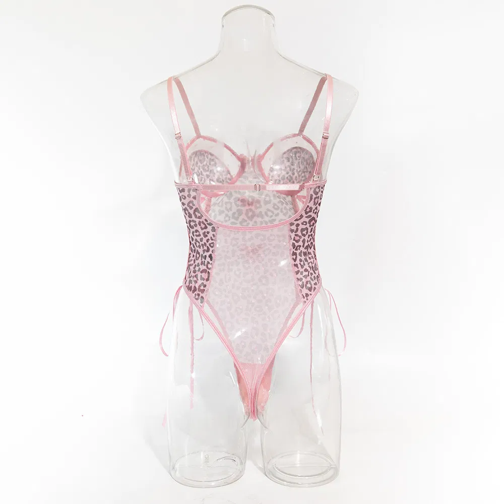 New Style Pink Leopard Print Women Bra Set Sexy Bow Tie One Piece Lingerie