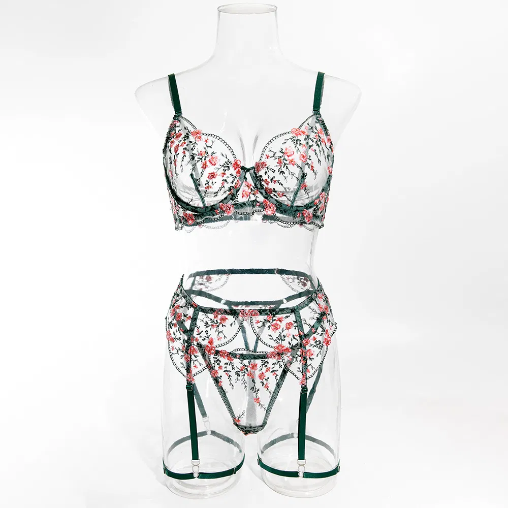 New Flower Embroidery Bra Brief Set Sexy High Quality See-Through Mesh Woman Lingerie