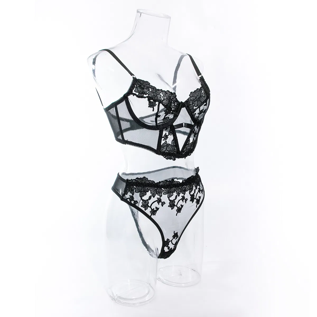 New Fishbone Flower Embroidery Underwear Set Sexy Ultra-Thin Mesh Woman Lingerie