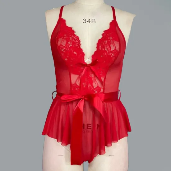 Sexy Transparent Mesh Sleeveless One Piece Bra Set Hot Sell Deep-V Woman Lingerie