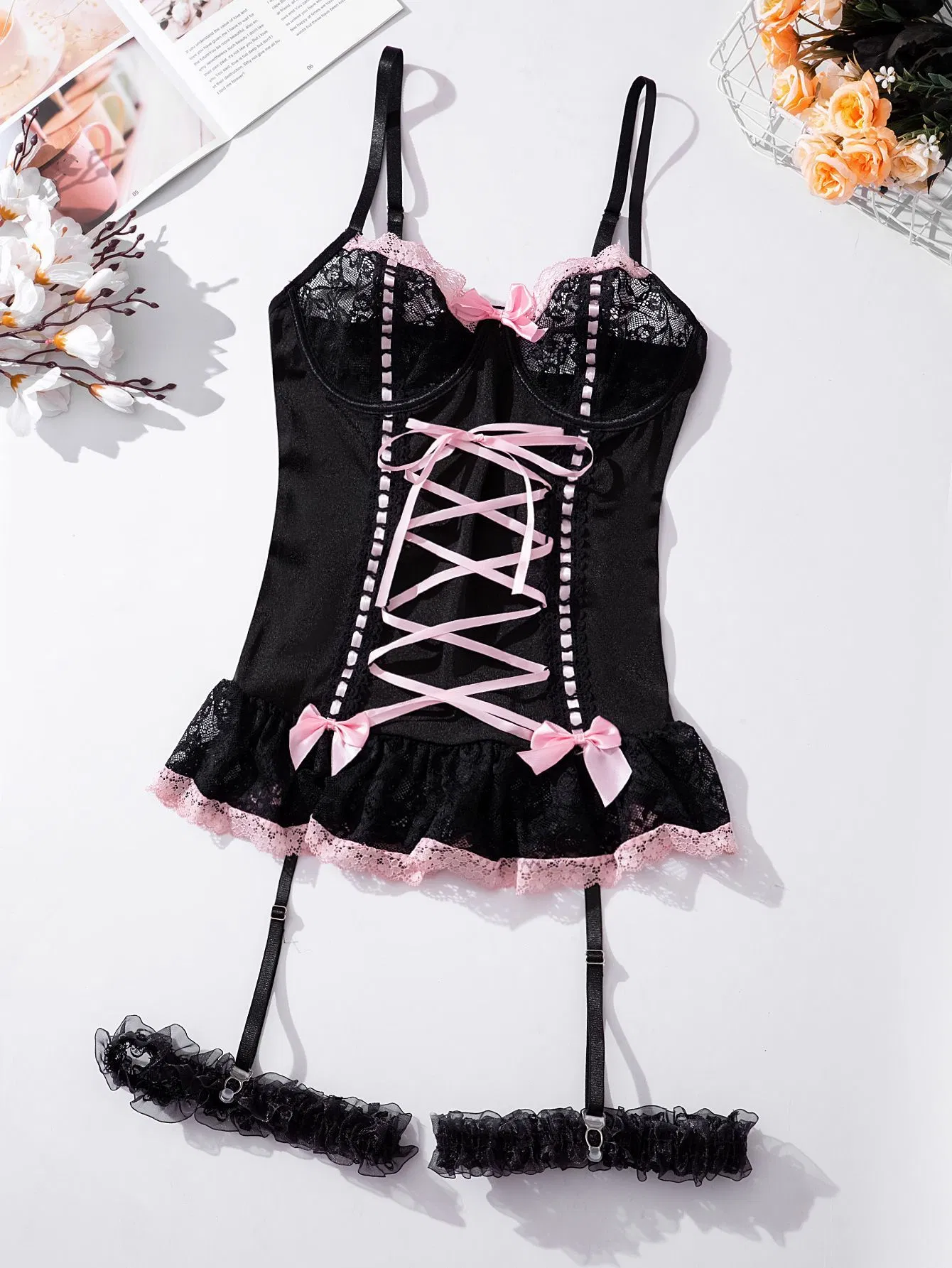 Wholesale Bow Tie Underwear Set for Woman Sexy See-Through Short Skirt Lingerie