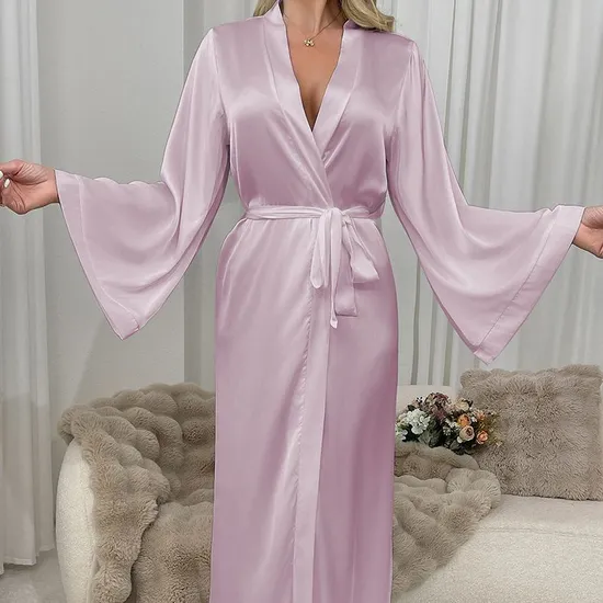 Wholesale Solid Color Satin Sleepwear Sexy Long Sleeve Woman Silk Night Robe