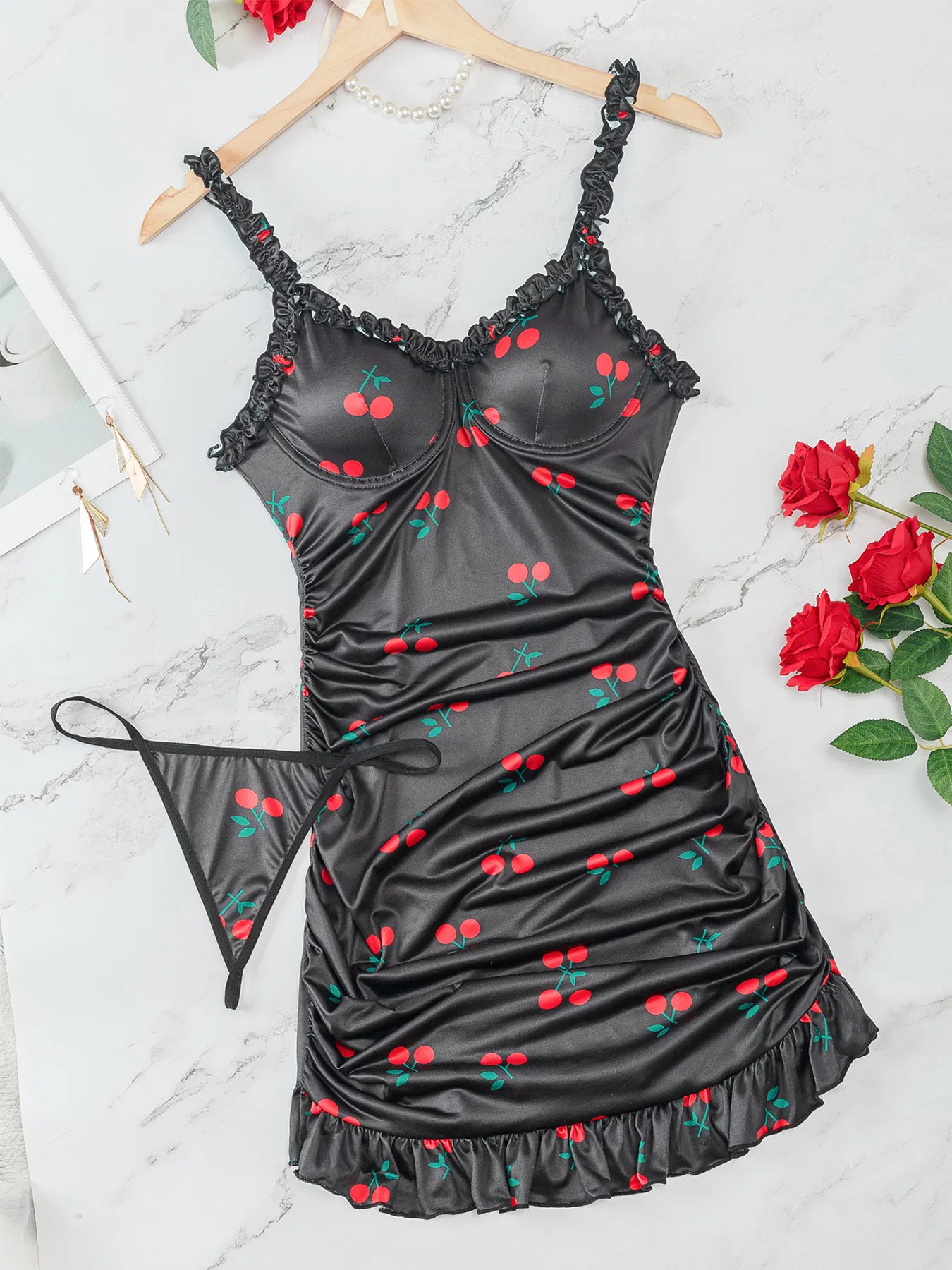 New Cherry Breathable Women's Bra Set Sexy Erotic Quick Dry Long Dress Lingerie