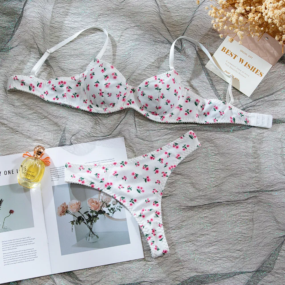 New Fashion Floral Print Two-Piece Bra Set Sexy See-Through Women Lingerie