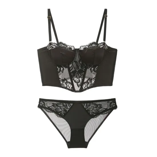 French Solid Color Satin Embroidery Lace Trim Sexy Breathable Patchwork Vest Gathering Bra Underwear Set Sexy Lingerie