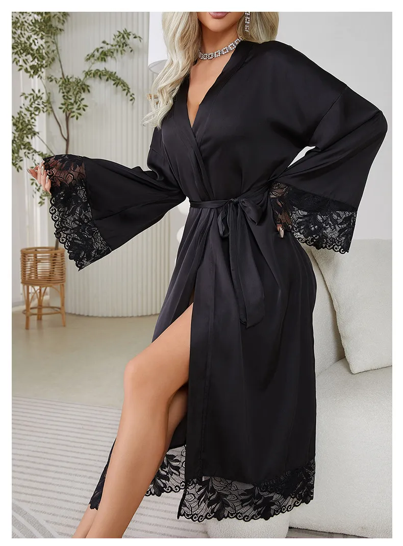 Wholesale Luxury Satin Long-Sleeved Women Sleepwear Nightwear Sexy V-Neck Lace Bath Robe