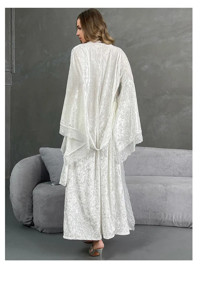 Sexy Luxury Sleepwear Nightwear Wholesale Velvet Lace Long Sleeve Woman Bath Robe