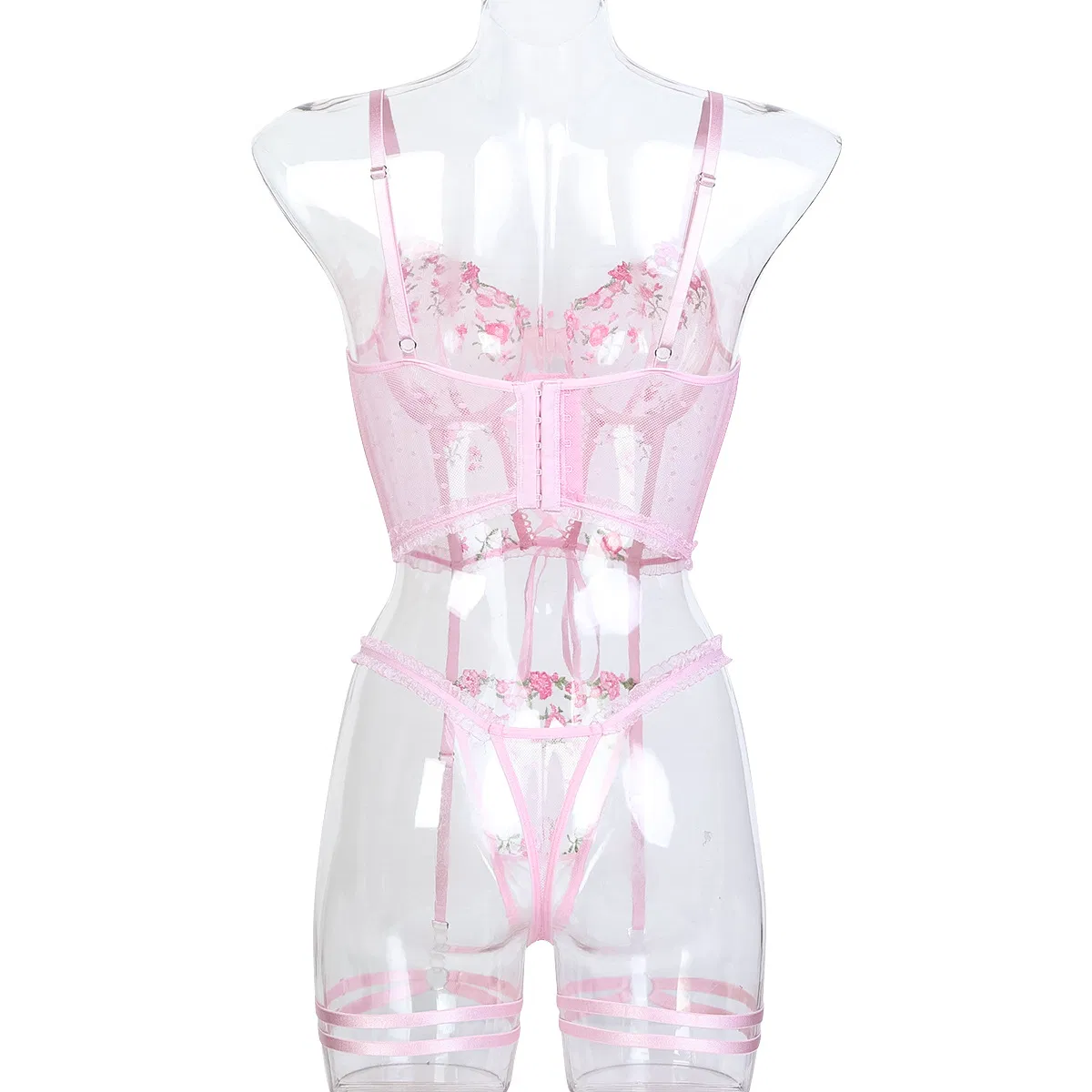 Wholesale Embroidered Floral Fish-Bone Woman Underwear Set Sexy See-Through Cross Strap Lingerie