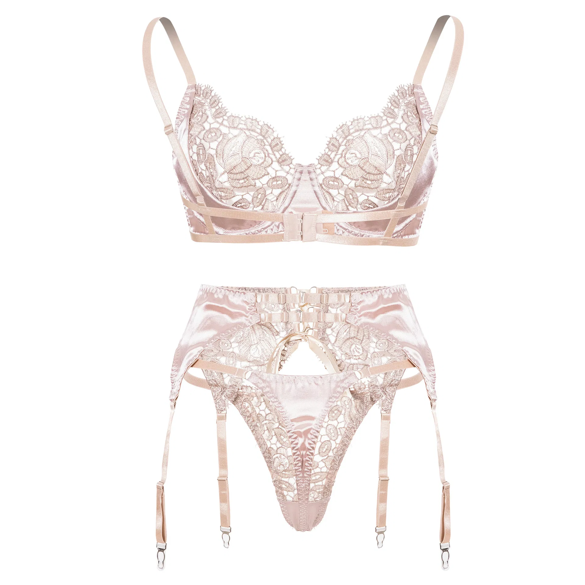 Wholesale Apricot Bandage See-Through Underwear Set for Woman Sexy Flower Embroidery Lingerie