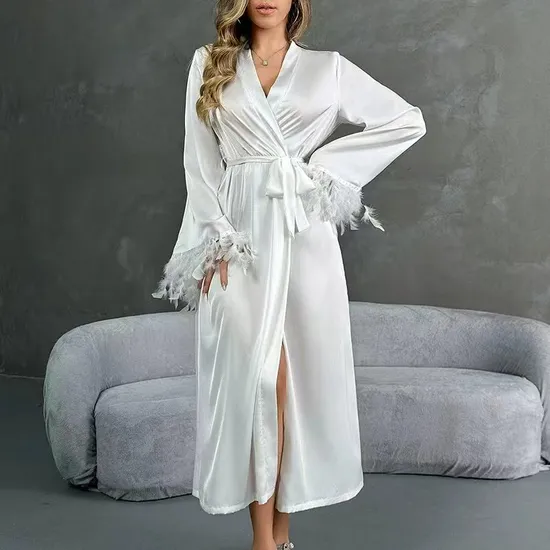 Wholesale V Neck Luxury Satin Sleepwear Sexy Long Sleeve Feather Cuff Women's Robe