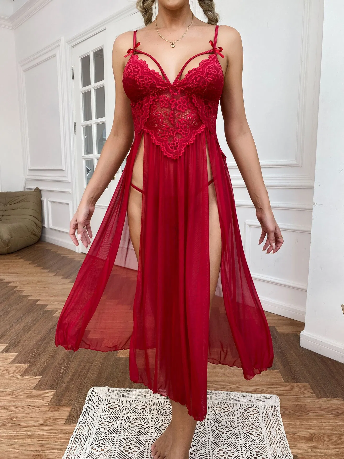 Sexy See Through Mesh Long Lingerie Women Sleepwear Hot V-Neck Embroidered Lace Nightwear